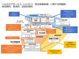 IROS-TV(YouTube) ＮＥＤＯ委託業務
（JPNP21004）
T. Kurata et al., “Project Progress on XR-AI Platform for Tele-Rehab
and Health Guidance,” 2024 IEEE VR Abstracts and Workshops (VRW),
pp.244-251, 2024.
240億円/年以上
20万人
（2006年）
外来リハビリ
打ち切り：
発症から3~6カ月
時間制限：
120分/週
理学療法士：
医療機関約8万人
介護系機関1万人
無医地区人口
約12万7千人
5年間で4千人増加
（2019年）
実施率25%程度
（2018年）
保険料収入：
当初見込みから約4千億円減
少し約7兆8千億円
（2020年度）
3割離脱
（複数の調査結
果より）
2
ヘルスケアサービス（リハビリ、特定保健指導）に関する問題群：
時空間的、経済的、認知的制約
 