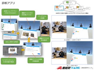 診断アプリ
4
生活課題リハ診断中の様子
診断ウェブアプリ
(Web browser)
バーチャル
三面鏡
運動テスト中の
利用者アバター
運動テストの
見本動作
ADLに関する問診
リハビリメニュー
の見本動作確認
運動テストの自動
評価結果
肩リハ診断の様子
本研究で目指す遠隔ヘルスケアサービスのプロセス構成
 
