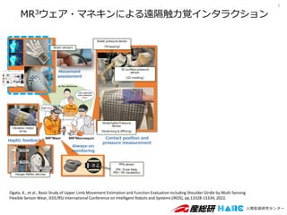 MR3ウェア・マネキンによる遠隔触力覚インタラクション
7
Ogata, K., et al., Basic Study of Upper Limb Movement Estimation and Function Evaluation including Shoulder Girdle by Multi-Sensing
Flexible Sensor Wear, IEEE/RSJ International Conference on Intelligent Robots and Systems (IROS), pp.13328-13334, 2022.
 