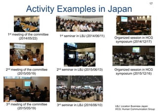 Activity Examples in Japan
17
1st meeting of the committee
(2014/05/22)
1st seminar in LBJ (2014/06/11)
2nd meeting of the committee
(2015/05/19)
2nd seminar in LBJ (2015/06/13)
Organized session in HCG
symposium (2014/12/17)
3rd seminar in LBJ (2016/06/10) LBJ: Location Business Japan
HCG: Human Communication Group
Organized session in HCG
symposium (2015/12/16)
3rd meeting of the committee
(2015/05/19)
 