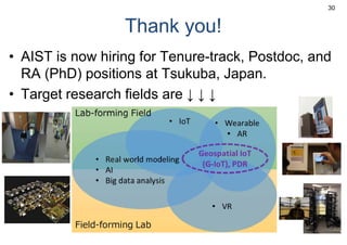 Thank you!
• AIST is now hiring for Tenure-track, Postdoc, and
RA (PhD) positions at Tsukuba, Japan.
• Target research fields are ↓ ↓ ↓
30
 