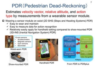 PDR（Pedestrian Dead-Reckoning）
Estimates velocity vector, relative altitude, and action
type by measurements from a wearable sensor module.
 Wearing a sensor module on waist (2D SHS (Steps and Heading Systems) PDR)
 Easy to wear and maintain
 Easy to measure data for action recognition
 Relatively easily apply for handheld setting compared to shoe-mounted PDR
(3D-INS (Inertial Navigation System) PDR)
7
Handheld PDR
From PDR to PDRplus
10-axis sensors
• Accelerometers
• Magnetic sensors
• Gyro sensors
• Barometer
Shoe-mounted PDR
Waist-worn PDR
 