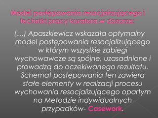 (…) Apaszkiewicz wskazała optymalny
model postępowania resocjalizującego
w którym wszystkie zabiegi
wychowawcze są spójne, uzasadnione i
prowadzą do oczekiwanego rezultatu.
Schemat postępowania ten zawiera
stałe elementy w realizacji procesu
wychowania resocjalizującego opartym
na Metodzie indywidualnych
przypadków- Casework.
 
