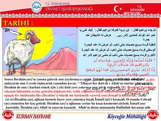 T.C.
                                                                                                                             T.C.
                                                                                                                              T.C.
                                                                                                                         KÖYCEĞİZ
                                                                                                                         KÖYCEĞİZ
                                                                                                                          KÖYCEĞİZ
                                                                                                                     MÜFTÜLÜĞÜ
                                                                                                                     MÜFTÜLÜĞÜ
                                                                                                                      MÜFTÜLÜĞÜ



TARİHİ :
                                                    ‫ثم جاء إبراهيم فقال : أين تريد؟ فعرفه إبراهيم فقال : إليك عني يا‬
                                                         ‫عدو ال، فوال لمضين لمر ربي . عرض له الشيطان عند‬
                                                                                                                                     ‫جمرة‬
                                                        ‫العقبة فرماه بسبع حصيات حتى ذهب، ثم عرض له عند الجمرة‬
                                                      ‫الوسطى فرماه بسبع حصيات حتى ذهب، ثم عرض له عند الجمرة‬
                                                       ‫الخرى فرماه بسبع حصيات حتى ذهب ثم مضى إبراهيم لمر ال‬
                                                                ‫“ ف َ ل َ م ّا أ َ س ْ ل َ م َا و َ ت َ ل ّ ه ُ ل ِ ل ْ ج َ ب ِي ن ِ . وناديناه أ َ ن‬
                                                                                ‫ياإبراهيم ق َ د ْ ص َ د ّ ق ْ ت َ الرؤيا‬
                                                          ‫إ ِ ن ّا ك َ ذ َ ل ِ ك َ ن َ ج ْ ز ِى المحسنين. إ ِ ن ّ هذا ل َ ه ُ و َ البلؤا‬
                                                                                           ٍ ‫المبين. وفديناه ب ِ ذ ِ ب ْ ح‬
Sonra İbrahim )as(‘ın yanına gelerek onu caydırmaya çalışır. ‫ع ظ ِي م ٍ “ ”( الصفات 301-701 ) ووضع السكين‬
                                                         ‫ على‬İbrahim )as(, onun şeytan olduğunu
anlayarak onu 3 yerde taşlayarak yanından kovar. ” Nihayet her ikisi de ) Allah‘ın emrine ( boyun eğip,               ‫حلقه فلم‬
İbrahim de onu ) kurban etmek için ( yüz üstü yere yatırınca ‫الجنة‬şöyle ‫يعمل. جاءه جبريل بكبش يرعى‬
                                                        ‫ حتى‬ona, ‫ في‬seslendik.”Ey İbrahim! Gördüğün
rüyanın hükmünü yerine getirdin.Şüphesiz biz, iyilik yapanları böyle mükafatlandırırız.Şüphesiz bu
                                                                                                        ‫فدي به إسماعيل‬
apaçık bir imtihandır.Biz )İbrahim‘e( büyük bir kurbanlık vererek onu )İsmail‘i( kurtardık.”)Saffat
 103-107(İbrahim )as(, oğlunu kesmek üzere yere yatırınca bıçak İsmail )as(‘ı kesmedi. O esnada Cebrail
)as( cennetten bir koç getirdi. İbrahim )as(‘a oğlunun yerine bu koçu kesmesini söyledi. İsmail )as(
 .kurtuldu. İbrahim )as( Allah‘ın sınavını kazandı. Allah‘ın dostu manasında Halilullah ünvanını aldı
 