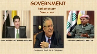 GOVERNMENT
Parliamentary
Democracy

Prime Minister: NECHIRVAN BARZANI

President: MASSOUD BARZANI

President Of IRAQ: JALAL TALABANI

 