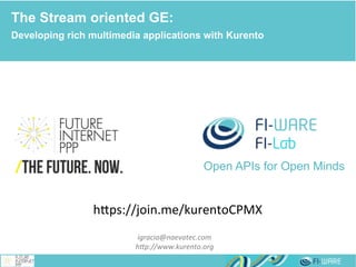 Real-time Multimedia Stream Processing
Developing rich multimedia applications with Kurento
The Stream oriented GE:
Developing rich multimedia applications with Kurento
igracia@naevatec.com	
  
h0p://www.kurento.org	
  
Open APIs for Open Minds
h"ps://join.me/kurentoCPMX	
  
 