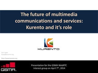 www.kurento.org
Presentation for the GSMA WebRTC
interest group on April 7th, 2014
The future of multimedia
communications and services:
Kurento and it’s role
Luis Lopez
lulop@kurento.org
http://www.kurento.org
 