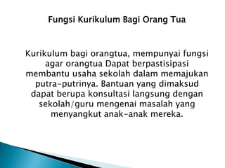 Fungsi Kurikulum Bagi Orang Tua

Kurikulum bagi orangtua, mempunyai fungsi
agar orangtua Dapat berpastisipasi
membantu usaha sekolah dalam memajukan
putra-putrinya. Bantuan yang dimaksud
dapat berupa konsultasi langsung dengan
sekolah/guru mengenai masalah yang
menyangkut anak-anak mereka.

 
