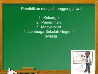 Pendidikan menjadi tanggung jawab
1. Keluarga
2. Pemerintah
3. Masyarakat
4. Lembaga Sekolah Negeri /
swasta
 