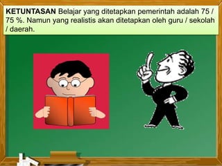 KETUNTASAN Belajar yang ditetapkan pemerintah adalah 75 /
75 %. Namun yang realistis akan ditetapkan oleh guru / sekolah
/ daerah.
 