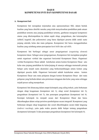 Kompetensi Dasar Sekolah Menengah Atas (SMA)/Madrasah Aliyah (MA) 6
BAB II
KOMPETENSI INTI DAN KOMPETENSI DASAR
A. Kompetensi Inti
Kompetensi Inti merupakan terjemahan atau operasionalisasi SKL dalam bentuk
kualitas yang harus dimiliki mereka yang telah menyelesaikan pendidikan pada satuan
pendidikan tertentu atau jenjang pendidikan tertentu, gambaran mengenai kompetensi
utama yang dikelompokkan ke dalam aspek sikap, pengetahuan, dan keterampilan
(afektif, kognitif, dan psikomotor) yang harus dipelajari peserta didik untuk suatu
jenjang sekolah, kelas dan mata pelajaran. Kompetensi Inti harus menggambarkan
kualitas yang seimbang antara pencapaian hard skills dan soft skills.
Kompetensi Inti berfungsi sebagai unsur pengorganisasi (organising element)
kompetensi dasar. Sebagai unsur pengorganisasi, Kompetensi Inti merupakan pengikat
untuk organisasi vertikal dan organisasi horizontal Kompetensi Dasar. Organisasi
vertikal Kompetensi Dasar adalah keterkaitan antara konten Kompetensi Dasar satu
kelas atau jenjang pendidikan ke kelas/jenjang di atasnya sehingga memenuhi prinsip
belajar yaitu terjadi suatu akumulasi yang berkesinambungan antara konten yang
dipelajari peserta didik. Organisasi horizontal adalah keterkaitan antara konten
Kompetensi Dasar satu mata pelajaran dengan konten Kompetensi Dasar dari mata
pelajaran yang berbeda dalam satu pertemuan mingguan dan kelas yang sama sehingga
terjadi proses saling memperkuat.
Kompetensi Inti dirancang dalam empat kelompok yang saling terkait, yaitu berkenaan
dengan sikap keagamaan (kompetensi inti 1), sikap sosial (kompetensi inti 2),
pengetahuan (kompetensi inti 3), dan penerapan pengetahuan (kompetensi inti 4).
Keempat kelompok itu menjadi acuan dari Kompetensi Dasar dan harus
dikembangkan dalam setiap peristiwa pembelajaran secara integratif. Kompetensi yang
berkenaan dengan sikap keagamaan dan sosial dikembangkan secara tidak langsung
(indirect teaching), yaitu pada waktu peserta didik belajar tentang pengetahuan
(kompetensi kelompok 3) dan penerapan pengetahuan (kompetensi Inti kelompok 4).
 