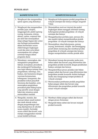 KI dan KD Prakarya dan Kewirausahaan SMA/MA 97
PENGOLAHAN
KOMPETENSI INTI KOMPETENSI DASAR
1. Menghayati dan mengamalkan
ajaran agama yang dianutnya
1.1 Menghayati keberagaman produk pengolahan di
wilayah setempat dan lainnya sebagai anugerah
Tuhan
2. Menghayati dan mengamalkan
perilaku jujur, disiplin,
tanggungjawab, peduli (gotong
royong, kerjasama, toleran,
damai), santun, responsif dan
pro-aktif dan menunjukkan
sikap sebagai bagian dari solusi
atas berbagai permasalahan
dalam berinteraksi secara
efektif dengan lingkungan
sosial dan alam serta dalam
menempatkan diri sebagai
cerminan bangsa dalam
pergaulan dunia
2.1 Menunjukkan motivasi internal dan peduli
lingkungan dalam menggali informasi tentang
keberagaman produk pengolahan di wilayah
setempat dan lainnya
2.2 Mengaplikasikan perilaku jujur, percaya diri,
dan mandiri dalam memperkenalkan produk
pengolahan di wilayah setempat dan lainnya
2.3 Menunjukkan sikap bekerjasama, gotong
royong, bertoleransi, disiplin dan bertanggung
jawab dalam merancang dan membuat produk
pengolahan di wilayah setempat dan lainnya
dengan memperhatikan estetika produk akhir
3. Memahami, menerapkan, dan
menganalisis pengetahuan
faktual, konseptual, prosedural,
dan metakognitif berdasarkan
rasa ingin tahunya tentang ilmu
pengetahuan, teknologi, seni,
budaya, dan humaniora dengan
wawasan kemanusiaan,
kebangsaan, kenegaraan, dan
peradaban terkait penyebab
fenomena dan kejadian, serta
menerapkan pengetahuan
prosedural pada bidang kajian
yang spesifik sesuai dengan
bakat dan minatnya untuk
memecahkan masalah
3.1 Memahami konsep dan prosedur aneka jenis
bahan nabati dan hewani yang difermentasi dan
pengolahan produk kosmetik dengan pendekatan
budaya setempat dan lainnya
3.2 Mengidentifikasi proses produksi dari bahan
pangan nabati dan hewani yang difermentasi dan
pengolahan produk kosmetik melalui berbagai
media atau mengunjungi tempat produksi di
wilayah setempat
3.3 Merencanakan pembuatan produk pengolahan
bahan pangan nabati dan hewani yang
difermentasi dan pengolahan produk kosmetik
sesuai wilayah setempat
4. Mengolah, menalar, dan
menyaji dalam ranah konkret
dan ranah abstrak terkait
dengan pengembangan dari
yang dipelajarinya di sekolah
secara mandiri, bertindak
secara efektif dan kreatif, serta
mampu menggunakan metoda
sesuai kaidah keilmuan
4.1 Membuat olahan pangan nabati dan hewani
dengan proses fermentasi
4.2 Mengolah bahan nabati dan hewani menjadi
produk kosmetik
 