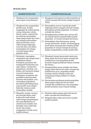 KI dan KD Prakarya dan Kewirausahaan SMA/MA 101
PENGOLAHAN
KOMPETENSI INTI KOMPETENSI DASAR
1. Menghayati dan mengamalkan
ajaran agama yang dianutnya
1.1 Menghayati keberagaman produk pengolahan di
wilayah setempat dan lainnya sebagai anugerah
Tuhan
2. Menghayati dan mengamalkan
perilaku jujur, disiplin,
tanggungjawab, peduli (gotong
royong, kerjasama, toleran,
damai), santun, responsif dan
pro-aktif dan menunjukkan
sikap sebagai bagian dari solusi
atas berbagai permasalahan
dalam berinteraksi secara
efektif dengan lingkungan
sosial dan alam serta dalam
menempatkan diri sebagai
cerminan bangsa dalam
pergaulan dunia
2.1 Menunjukkan motivasi internal dan peduli
lingkungan dalam menggali informasi tentang
keberagaman produk pengolahan di wilayah
setempat dan lainnya
2.2 Mengaplikasikan perilaku jujur, percaya diri,
dan mandiri dalam memperkenalkan produk
pengolahan di wilayah setempat dan lainnya
2.3 Menunjukkan sikap bekerjasama, gotong
royong, bertoleransi, disiplin dan bertanggung
jawab dalam merancang dan membuat produk
pengolahan di wilayah setempat dan lainnya
dengan memperhatikan estetika produk akhir
3. Memahami, menerapkan,
menganalisis dan mengevaluasi
pengetahuan faktual,
konseptual, prosedural, dan
metakognitif berdasarkan rasa
ingin tahunya tentang ilmu
pengetahuan, teknologi, seni,
budaya, dan humaniora dengan
wawasan kemanusiaan,
kebangsaan, kenegaraan, dan
peradaban terkait penyebab
fenomena dan kejadian, serta
menerapkan pengetahuan
prosedural pada bidang kajian
yang spesifik sesuai dengan
bakat dan minatnya untuk
memecahkan masalah
3.4 Memahami konsep dan prosedur aneka jenis
bahan nabati dan hewani tradisi setempat dan
modifikasinya serta pengolahan produk
kesehatan dengan pendekatan budaya setempat
dan lainnya
3.5 Mengidentifikasi proses produksi dari bahan
pangan nabati dan hewani tradisi setempat dan
modifikasinya serta pengolahan produk
kesehatan melalui berbagai media atau
mengunjungi tempat produksi di wilayah
setempat
3.6 Merencanakan pembuatan produk pengolahan
bahan pangan nabati dan hewani tradisi
setempat dan modifikasinya serta pengolahan
produk kesehatan sesuai wilayah setempat
4. Mengolah, menalar, menyaji,
dan mencipta dalam ranah
konkret dan ranah abstrak
terkait dengan pengembangan
dari yang dipelajarinya di
sekolah secara mandiri serta
bertindak secara efektif dan
kreatif, dan mampu
menggunakan metoda sesuai
kaidah keilmuan
4.1 Membuat olahan pangan nabati dan hewani
tradisi setempat dan modifikasinya
4.2 Mengolah bahan nabati dan hewani menjadi
produk kesehatan
 