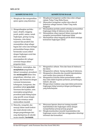 KI dan KD Geografi untuk Peminatan Ilmu-ilmu Sosial SMA/MA 134
KELAS XI
KOMPETENSI INTI KOMPETENSI DASAR
1. Menghayati dan mengamalkan
ajaran agama yang dianutnya
1.1 Menghayati keragaman sumber daya alam sebagai
ciptaan Tuhan Yang Maha Kuasa
1.2 Mensyukuri keragaman sumber daya alam di
Indonesia sebagai karunia Tuhan Yang maha
Pengasih
2. Mengembangkan perilaku
(jujur, disiplin, tanggung
jawab, peduli, santun, ramah
lingkungan, gotong royong,
kerjasama, cinta damai,
responsif dan proaktif) dan
menunjukkan sikap sebagai
bagian dari solusi atas berbagai
permasalahan bangsa dalam
berinteraksi secara efektif
dengan lingkungan sosial dan
alam serta dalam
menempatkan diri sebagai
cerminan bangsa dalam
pergaulan dunia
2.1 Menunjukkan perilaku peduli terhadap permasalahan
lingkungan hidup di Indonesia dan dunia
2.2 Menunjukkan sikap responsif dalam mencegah dan
mengatasi permasalahan lingkungan hidup
2.3 Menunjukkan sikap tanggung jawab dalam menjaga
kelestarian lingkungan sekitar
3. Memahami, menerapkan, dan
menjelaskan pengetahuan
faktual, konseptual, prosedural,
dan metakognitif dalam ilmu
pengetahuan, teknologi, seni,
budaya, dan humaniora dengan
wawasan kemanusiaan,
kebangsaan, kenegaraan, dan
peradaban terkait penyebab
fenomena dan kejadian, serta
menerapkan pengetahuan
prosedural pada bidang kajian
yang spesifik sesuai dengan
bakat dan minatnya untuk
memecahkan masalah
3.1 Menganalisis sebaran flora dan fauna di Indonesia
dan dunia
3.2 Menganalisis sebaran barang tambang di Indonesia.
3.3 Menganalisis dinamika dan masalah kependudukan
serta sumber daya manusia di Indonesia
3.4 Menganalisis kearifan dalam pemanfaatan sumber
daya alam dalam kegiatan pertanian, pertambangan,
industri, dan jasa
3.5 Mengevaluasi tindakan yang tepat dalam pelestarian
lingkungan hidup kaitannya dengan pembangunan
yang berkelanjutan
4. Mencoba, mengolah, dan
menyaji dalam ranah konkret
dan ranah abstrak terkait
dengan pengembangan dari
yang dipelajarinya di sekolah
secara mandiri, bertindak
4.1 Menyusun laporan observasi tentang masalah
kependudukan dan lingkungan sekitar dengan
memperhatikan prinsip-prinsip geografi
4.2 Mengkomunikasikan masalah kependudukan dan
lingkungan secara verbal dan menggunakan teknologi
informasi dan komunikasi
 