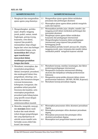 KI dan KD Ekonomi untuk Peminatan Ilmu-ilmu Sosial SMA/MA 154
KELAS: XII
KOMPETENSI INTI KOMPETENSI DASAR
1. Menghayati dan mengamalkan
ajaran agama yang dianutnya
1.1 Mengamalkan ajaran agama dalam melakukan
pencatatan dan perhitungan akuntansi
1.2 Menerapkan ajaran agama dalam praktek mengelola
usaha dan koperasi
2. Mengembangkan perilaku
(jujur, disiplin, tanggung
jawab, peduli, santun, ramah
lingkungan, gotong royong,
kerjasama, cinta damai,
responsif dan proaktif),
menunjukkan sikap sebagai
bagian dari solusi atas berbagai
permasalahan bangsa, serta
memosisikan diri sebagai
agen transformasi
masyarakat dalam
membangun peradaban
bangsa dan dunia
2.1 Menunjukkan perilaku jujur, disiplin, mandiri, dan
tanggung jawab dalam melakukan perhitungan dan
pencatatan akuntansi
2.2 Menghargai ajaran agama dalam melakukan
kerjasama dan perdagangan internasional
2.3 Mengembangkan kerjasama dalam perdagangan
internasional yang responsif dan proaktif dan
bertanggung jawab
2.4 Menunjukkan perilaku kreatif, percaya diri, disiplin,
tanggung jawab, jujur, kerjasama dan mandiri dalam
melakukan praktik mengelola koperasi sekolah
3. Memahami, menerapkan, dan
menjelaskan pengetahuan
faktual, konseptual, prosedural,
dan metakognitif dalam ilmu
pengetahuan, teknologi, seni,
budaya, dan humaniora dengan
wawasan kemanusiaan,
kebangsaan, kenegaraan, dan
peradaban terkait penyebab
fenomena dan kejadian, serta
menerapkan pengetahuan
prosedural pada bidang kajian
yang spesifik sesuai dengan
bakat dan minatnya
untukmemecahkan masalah
3.1 Memahami konsep, manfaat, keuntungan, dan faktor
pendorong perdagangan internasional
3.2 Menganalisis kerjasama internasional dibidang
ekonomi dan dampaknya terhadap perekonomian
Indonesia
3.3 Menganalisis peran pelaku ekonomi dalam sistem
perekonomian Indonesia (BUMN, BUMS, Koperasi).
3.4 Memahami konsep perusahaan dagang
4. Mencoba, mengolah, menyaji,
dan mencipta dalam ranah
konkret dan ranah abstrak
terkait dengan pengembangan
dari yang dipelajarinya di
sekolah secara mandiri serta
bertindak secara efektif dan
kreatif, dan mampu
4.1 Menerapkan penyusunan siklus akuntansi perusahaan
dagang
4.2 Menerapkan penutupan siklus akuntansi perusahaan
dagang
4.3 Menyajikan penyusunan dan penutupan siklus
akuntansi perusahaan dagang
4.4 Menerapkan teori pengelolaan koperasi sekolah
 