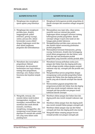 KI dan KD Prakarya SMP/MTs 102
PENGOLAHAN
KOMPETENSI INTI KOMPETENSI DASAR
1. Menghargai dan menghayati
ajaran agama yang dianutnya
1.1 Menghayati keberagaman produk pengolahan di
daerah setempat dan nusantara sebagai anugerah
Tuhan
2. Menghargai dan menghayati
perilaku jujur, disiplin,
tanggungjawab, peduli
(toleransi, gotong royong),
santun, percaya diri, dalam
berinteraksi secara efektif
dengan lingkungan sosial dan
alam dalam jangkauan
pergaulan dan keberadaannya
2.1 Menunjukkan rasa ingin tahu, sikap santun,
memiliki motivasi internal dan peduli
lingkungan dalam menggali informasi tentang
keberagaman produk pengolahan daerah
setempat sebagai wujud cinta tanah air dan
bangga pada produk Indonesia
2.2 Mengaplikasikan perilaku jujur, percaya diri,
dan mandiri dalam merancang pembuatan
produk pengolahan
2.3 Menunjukkan kemauan bekerjasama, gotong
royong, bertoleransi, disiplin dan bertanggung
jawab dalam penggunaan alat dan bahan, serta
teliti dan rapi saat pembuatan produk
pengolahan yang memiliki estetika produk akhir
3. Memahami dan menerapkan
pengetahuan (faktual,
konseptual, dan prosedural)
berdasarkan rasa ingin tahunya
tentang ilmu pengetahuan,
teknologi, seni, budaya terkait
fenomena dan kejadian tampak
mata
3.1 Memahami konsep perbedaan aneka jenis
pangan dari bahan ikan dan daging putih atau
merah sebagai produk olahan pangan menjadi
makanan siap saji, setengah jadi dan produk non
pangan
3.2 Mengidentifikasi proses pengolahan dengan
mengunjungi sentra produk pengolahan bahan
pangan dari bahan ikan dan daging putih atau
merah yang ada di daerah setempat dan daerah
lain
3.3 Merencanakan gagasan pengolahan dan
pengemasan produk dari bahan ikan dan daging
putih atau merah menjadi makanan siap saji,
setengah jadi dan produk non pangan sesuai
kekhasan daerah setempat
4. Mengolah, menyaji, dan
menalar dalam ranah konkret
(menggunakan, mengurai,
merangkai, memodifikasi, dan
membuat) dan ranah abstrak
(menulis, membaca,
menghitung, menggambar, dan
mengarang) sesuai dengan yang
dipelajari di sekolah dan sumber
lain yang sama dalam sudut
pandang/teori
4.1 Membuat olahan pangan dari bahan ikan dan
daging putih atau merah menjadi makanan siap
saji
4.2 Membuat olahan pangan ikan dan daging putih
atau merah menjadi bahan pangan setengah jadi
4.3 Membuat olahan pangan siap saji dari bahan
setengah jadi ikan dan daging putih atau merah
4.4 Mengolah bahan samping pangan hewani
menjadi produk non pangan setengah jadi
 