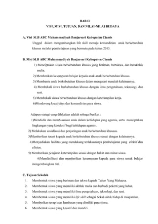 BAB II
VISI, MISI, TUJUAN, DAN NILAI-NILAI BUDAYA
A. Visi SLB ABC Muhammadiyah Banjarsari Kabupaten Ciamis
Unggul dalam mengembangkan life skill menuju kemandirian anak berkebutuhan
khusus melalui pembelajaran yang bermutu pada tahun 2013.
B. Misi SLB ABC Muhammadiyah Banjarsari Kabupaten Ciamis
1) Menciptakan siswa berkebutuhan khusus yang beriman, bertakwa, dan berakhlak
mulia.
2) Memberikan kesempatan belajar kepada anak-anak berkebutuhan khusus.
3) Membantu anak berkebutuhan khusus dalam mengatasi masalah kelainannya.
4) Membekali siswa berkebutuhan khusus dengan ilmu pengetahuan, teknologi, dan
seni.
5) Membekali siswa berkebutuhan khusus dengan keterampilan kerja.
6)Mendorong kreativitas dan kemandirian para siswa.
Adapun stategi yang dilakukan adalah sebagai berikut :
1)Mendidik dan membiasakan anak dalam kehidupan yang agamis, serta menciptakan
lingkungan yang kondusif bagi kehidupan agamis .
2) Melakukan sosialisasi dan penjaringan anak berkebutuhan khusaus.
3)Memberikan terapi kepada anak berkebutuhan khusus sesuai dengan kelainannya.
4)Menyediakan fasilitas yang mendukung terlaksananya pembelajaran yang efektif dan
efisien.
5) Memberikan pelajaran keterampilan sesuai dengan bakat dan minat siswa.
6)Memfasilitasi dan memberikan kesempatan kepada para siswa untuk belajar
mengembangkan diri.
C. Tujuan Sekolah
1. Membentuk siswa yang beriman dan takwa kepada Tuhan Yang Mahaesa.
2. Membentuk siswa yang memiliki akhlak mulia dan berbudi pekerti yang luhur.
3. Membentuk siswa yang memiliki ilmu pengetahuan, teknologi, dan seni.
4. Membentuk siswa yang memiliki life skill sebagai bekal untuk hidup di masyarakat.
5. Memberikan terapi atas hambatan yang dimiliki para siswa.
6. Membentuk siswa yang kreatif dan mandiri.
 