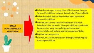 DASAR
PENGEMBANGAN
KURIKULUM
Dilakukan dengan prinsip diversifikasi sesuai dengan
Satuan Pendidikan, potensi daerah, dan Peserta Didik.
Dilakukan oleh Satuan Pendidikan atau kelompok
Satuan Pendidikan.
Melibatkan komite sekolah/madrasah di bawah
koordinasi dan supervisi dinas pendidikan atau kantor
kementerian yang menyelenggarakan urusan
pemerintahan di bidang agama kabupaten/ kota.
Melibatkan masyarakat
Kurikulum satuan pendidikan ditetapkan oleh kepala
satuan pendidikan
 