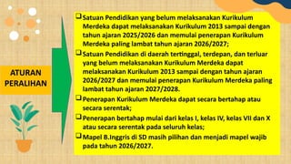 ATURAN
PERALIHAN
Satuan Pendidikan yang belum melaksanakan Kurikulum
Merdeka dapat melaksanakan Kurikulum 2013 sampai dengan
tahun ajaran 2025/2026 dan memulai penerapan Kurikulum
Merdeka paling lambat tahun ajaran 2026/2027;
Satuan Pendidikan di daerah tertinggal, terdepan, dan terluar
yang belum melaksanakan Kurikulum Merdeka dapat
melaksanakan Kurikulum 2013 sampai dengan tahun ajaran
2026/2027 dan memulai penerapan Kurikulum Merdeka paling
lambat tahun ajaran 2027/2028.
Penerapan Kurikulum Merdeka dapat secara bertahap atau
secara serentak;
Penerapan bertahap mulai dari kelas I, kelas IV, kelas VII dan X
atau secara serentak pada seluruh kelas;
Mapel B.Inggris di SD masih pilihan dan menjadi mapel wajib
pada tahun 2026/2027.
 