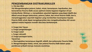 1. Visi dan Misi
Visi Mengembangkan potensi, bakat, minat, kemampuan, kepribadian, dan
kemandirian Peserta Didik secara optimal melalui kegiatan-kegiatan di luar
Intrakurikuler. Misinya: a. menyediakan sejumlah kegiatan yang dapat dipilih dan
diikuti sesuai dengan kebutuhan, potensi, bakat, dan minat Peserta Didik; dan b.
menyelenggarakan sejumlah kegiatan yang memberikan kesempatan kepada
Peserta Didik untuk dapat mengekspresikan dan mengaktualisasikan diri secara
optimal melalui kegiatan mandiri dan/atau berkelompok.
2. Fungsi dan Tujuan
a. Fungsi pengembangan
b. Fungsi sosial
c. Fungsi rekreatif,
d. Fungsi persiapan karier,
Tujuannya.
a. Meningkatkan kemampuan kognitif, afektif, dan psikomotor Peserta Didik.
b. Mengembangkan bakat, minat, dan potensi Peserta Didik dalam upaya
pembinaan pribadi menuju manusia seutuhnya.
PENGEMBANGAN EKSTRAKURIKULER
 