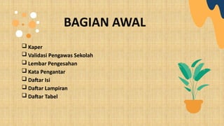 BAGIAN AWAL
 Kaper
 Validasi Pengawas Sekolah
 Lembar Pengesahan
 Kata Pengantar
 Daftar Isi
 Daftar Lampiran
 Daftar Tabel
 