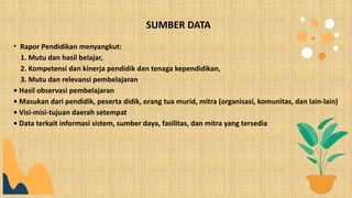 SUMBER DATA
• Rapor Pendidikan menyangkut:
1. Mutu dan hasil belajar,
2. Kompetensi dan kinerja pendidik dan tenaga kependidikan,
3. Mutu dan relevansi pembelajaran
• Hasil observasi pembelajaran
• Masukan dari pendidik, peserta didik, orang tua murid, mitra (organisasi, komunitas, dan lain-lain)
• Visi-misi-tujuan daerah setempat
• Data terkait informasi sistem, sumber daya, fasilitas, dan mitra yang tersedia
 