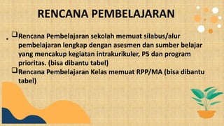 RENCANA PEMBELAJARAN
•
Rencana Pembelajaran sekolah memuat silabus/alur
pembelajaran lengkap dengan asesmen dan sumber belajar
yang mencakup kegiatan intrakurikuler, P5 dan program
prioritas. (bisa dibantu tabel)
Rencana Pembelajaran Kelas memuat RPP/MA (bisa dibantu
tabel)
 