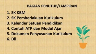1. SK KBM
2. SK Pemberlakuan Kurikulum
3. Kalender Satuan Pendidikan
4. Contoh ATP dan Modul Ajar
5. Dokumen Penyusunan Kurikulum
6. Dll
BAGIAN PENUTUP/LAMPIRAN
 