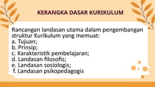 KERANGKA DASAR KURIKULUM
Rancangan landasan utama dalam pengembangan
struktur Kurikulum yang memuat:
a. Tujuan;
b. Prinsip;
c. Karakteristik pembelajaran;
d. Landasan filosofis;
e. Landasan sosiologis;
f. Landasan psikopedagogis
 