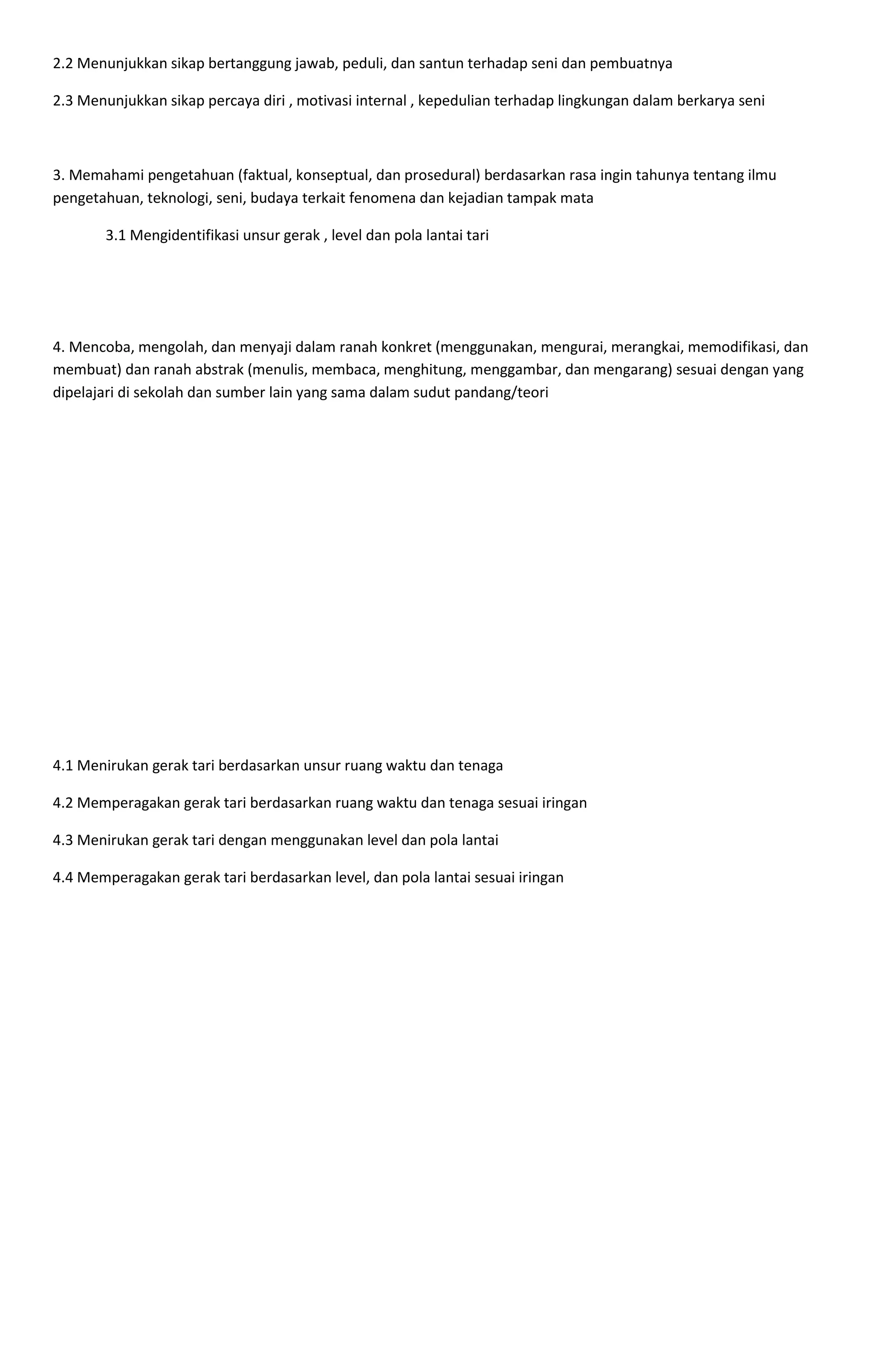 2.2 Menunjukkan sikap bertanggung jawab, peduli, dan santun terhadap seni dan pembuatnya
2.3 Menunjukkan sikap percaya diri , motivasi internal , kepedulian terhadap lingkungan dalam berkarya seni
3. Memahami pengetahuan (faktual, konseptual, dan prosedural) berdasarkan rasa ingin tahunya tentang ilmu
pengetahuan, teknologi, seni, budaya terkait fenomena dan kejadian tampak mata
3.1 Mengidentifikasi unsur gerak , level dan pola lantai tari
4. Mencoba, mengolah, dan menyaji dalam ranah konkret (menggunakan, mengurai, merangkai, memodifikasi, dan
membuat) dan ranah abstrak (menulis, membaca, menghitung, menggambar, dan mengarang) sesuai dengan yang
dipelajari di sekolah dan sumber lain yang sama dalam sudut pandang/teori
4.1 Menirukan gerak tari berdasarkan unsur ruang waktu dan tenaga
4.2 Memperagakan gerak tari berdasarkan ruang waktu dan tenaga sesuai iringan
4.3 Menirukan gerak tari dengan menggunakan level dan pola lantai
4.4 Memperagakan gerak tari berdasarkan level, dan pola lantai sesuai iringan
 