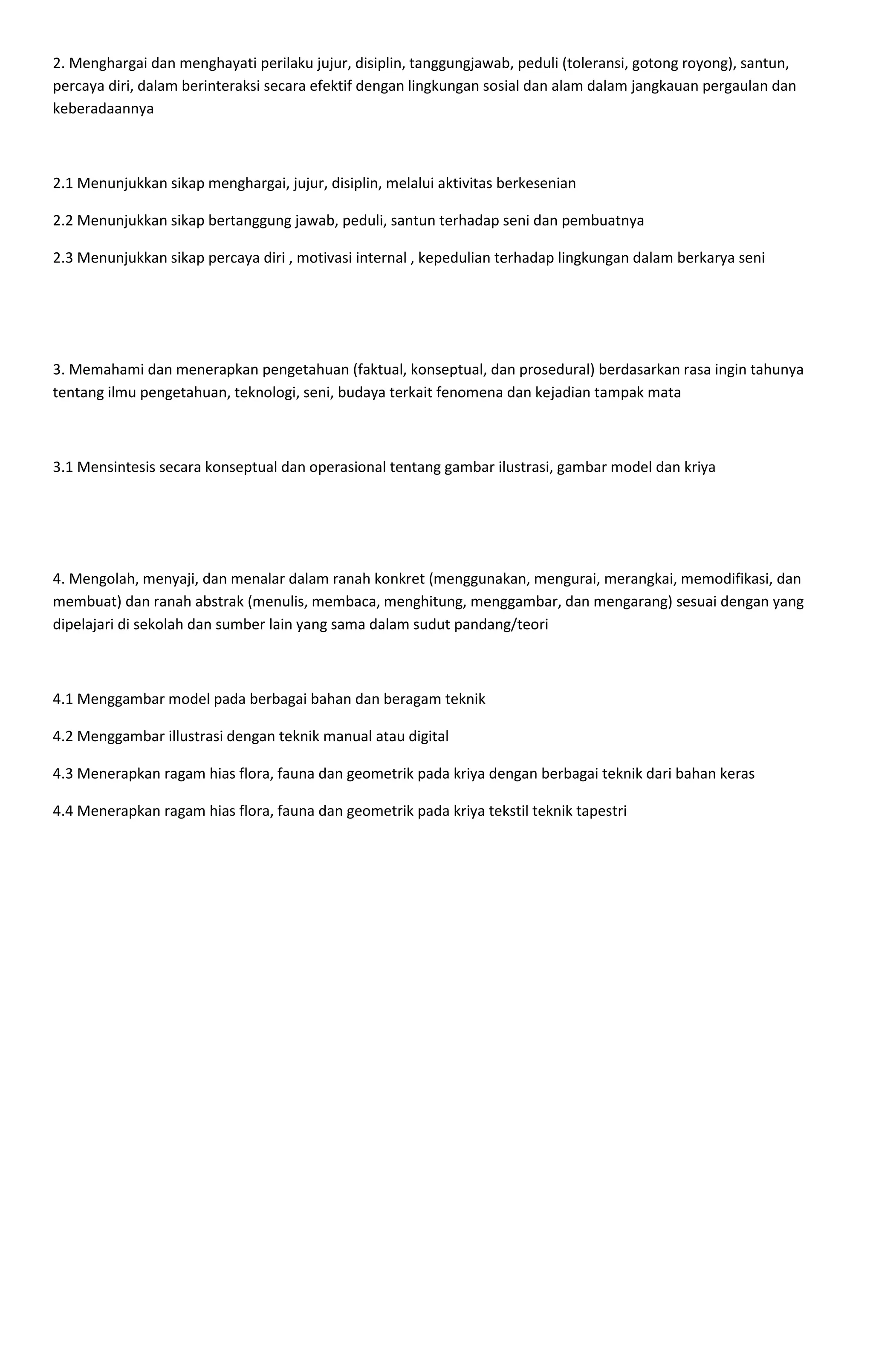 2. Menghargai dan menghayati perilaku jujur, disiplin, tanggungjawab, peduli (toleransi, gotong royong), santun,
percaya diri, dalam berinteraksi secara efektif dengan lingkungan sosial dan alam dalam jangkauan pergaulan dan
keberadaannya
2.1 Menunjukkan sikap menghargai, jujur, disiplin, melalui aktivitas berkesenian
2.2 Menunjukkan sikap bertanggung jawab, peduli, santun terhadap seni dan pembuatnya
2.3 Menunjukkan sikap percaya diri , motivasi internal , kepedulian terhadap lingkungan dalam berkarya seni
3. Memahami dan menerapkan pengetahuan (faktual, konseptual, dan prosedural) berdasarkan rasa ingin tahunya
tentang ilmu pengetahuan, teknologi, seni, budaya terkait fenomena dan kejadian tampak mata
3.1 Mensintesis secara konseptual dan operasional tentang gambar ilustrasi, gambar model dan kriya
4. Mengolah, menyaji, dan menalar dalam ranah konkret (menggunakan, mengurai, merangkai, memodifikasi, dan
membuat) dan ranah abstrak (menulis, membaca, menghitung, menggambar, dan mengarang) sesuai dengan yang
dipelajari di sekolah dan sumber lain yang sama dalam sudut pandang/teori
4.1 Menggambar model pada berbagai bahan dan beragam teknik
4.2 Menggambar illustrasi dengan teknik manual atau digital
4.3 Menerapkan ragam hias flora, fauna dan geometrik pada kriya dengan berbagai teknik dari bahan keras
4.4 Menerapkan ragam hias flora, fauna dan geometrik pada kriya tekstil teknik tapestri
 