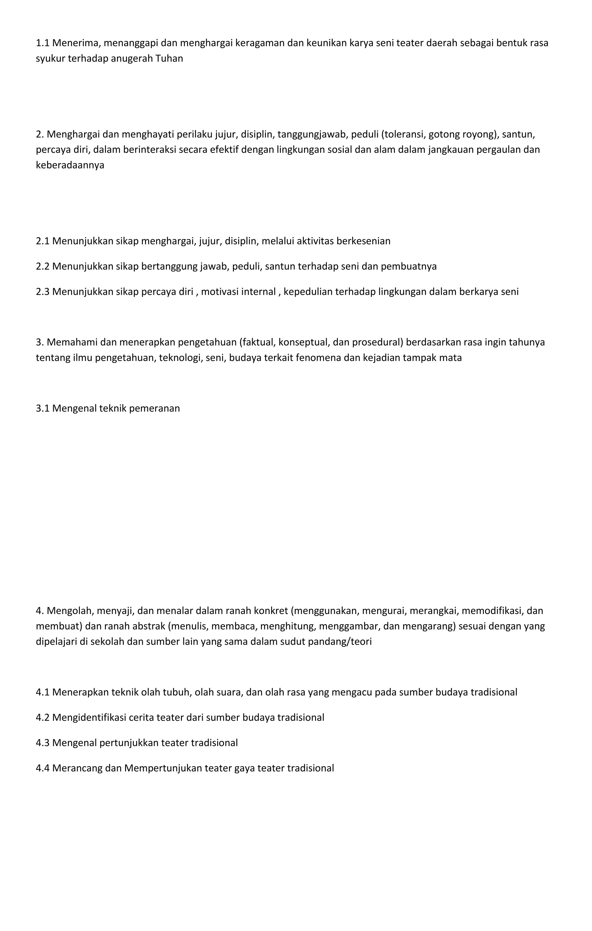 1.1 Menerima, menanggapi dan menghargai keragaman dan keunikan karya seni teater daerah sebagai bentuk rasa
syukur terhadap anugerah Tuhan
2. Menghargai dan menghayati perilaku jujur, disiplin, tanggungjawab, peduli (toleransi, gotong royong), santun,
percaya diri, dalam berinteraksi secara efektif dengan lingkungan sosial dan alam dalam jangkauan pergaulan dan
keberadaannya
2.1 Menunjukkan sikap menghargai, jujur, disiplin, melalui aktivitas berkesenian
2.2 Menunjukkan sikap bertanggung jawab, peduli, santun terhadap seni dan pembuatnya
2.3 Menunjukkan sikap percaya diri , motivasi internal , kepedulian terhadap lingkungan dalam berkarya seni
3. Memahami dan menerapkan pengetahuan (faktual, konseptual, dan prosedural) berdasarkan rasa ingin tahunya
tentang ilmu pengetahuan, teknologi, seni, budaya terkait fenomena dan kejadian tampak mata
3.1 Mengenal teknik pemeranan
4. Mengolah, menyaji, dan menalar dalam ranah konkret (menggunakan, mengurai, merangkai, memodifikasi, dan
membuat) dan ranah abstrak (menulis, membaca, menghitung, menggambar, dan mengarang) sesuai dengan yang
dipelajari di sekolah dan sumber lain yang sama dalam sudut pandang/teori
4.1 Menerapkan teknik olah tubuh, olah suara, dan olah rasa yang mengacu pada sumber budaya tradisional
4.2 Mengidentifikasi cerita teater dari sumber budaya tradisional
4.3 Mengenal pertunjukkan teater tradisional
4.4 Merancang dan Mempertunjukan teater gaya teater tradisional
 