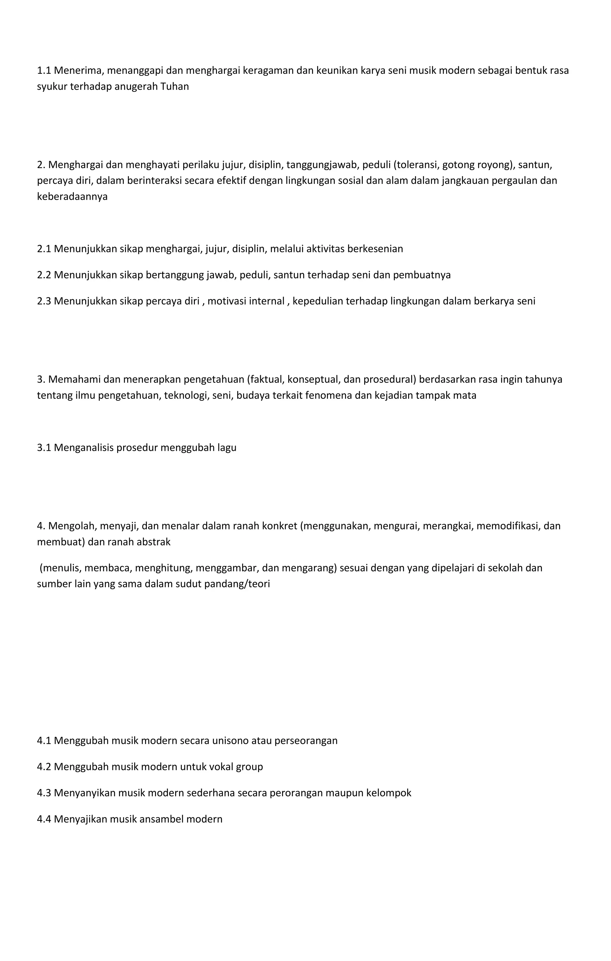 1.1 Menerima, menanggapi dan menghargai keragaman dan keunikan karya seni musik modern sebagai bentuk rasa
syukur terhadap anugerah Tuhan
2. Menghargai dan menghayati perilaku jujur, disiplin, tanggungjawab, peduli (toleransi, gotong royong), santun,
percaya diri, dalam berinteraksi secara efektif dengan lingkungan sosial dan alam dalam jangkauan pergaulan dan
keberadaannya
2.1 Menunjukkan sikap menghargai, jujur, disiplin, melalui aktivitas berkesenian
2.2 Menunjukkan sikap bertanggung jawab, peduli, santun terhadap seni dan pembuatnya
2.3 Menunjukkan sikap percaya diri , motivasi internal , kepedulian terhadap lingkungan dalam berkarya seni
3. Memahami dan menerapkan pengetahuan (faktual, konseptual, dan prosedural) berdasarkan rasa ingin tahunya
tentang ilmu pengetahuan, teknologi, seni, budaya terkait fenomena dan kejadian tampak mata
3.1 Menganalisis prosedur menggubah lagu
4. Mengolah, menyaji, dan menalar dalam ranah konkret (menggunakan, mengurai, merangkai, memodifikasi, dan
membuat) dan ranah abstrak
(menulis, membaca, menghitung, menggambar, dan mengarang) sesuai dengan yang dipelajari di sekolah dan
sumber lain yang sama dalam sudut pandang/teori
4.1 Menggubah musik modern secara unisono atau perseorangan
4.2 Menggubah musik modern untuk vokal group
4.3 Menyanyikan musik modern sederhana secara perorangan maupun kelompok
4.4 Menyajikan musik ansambel modern
 