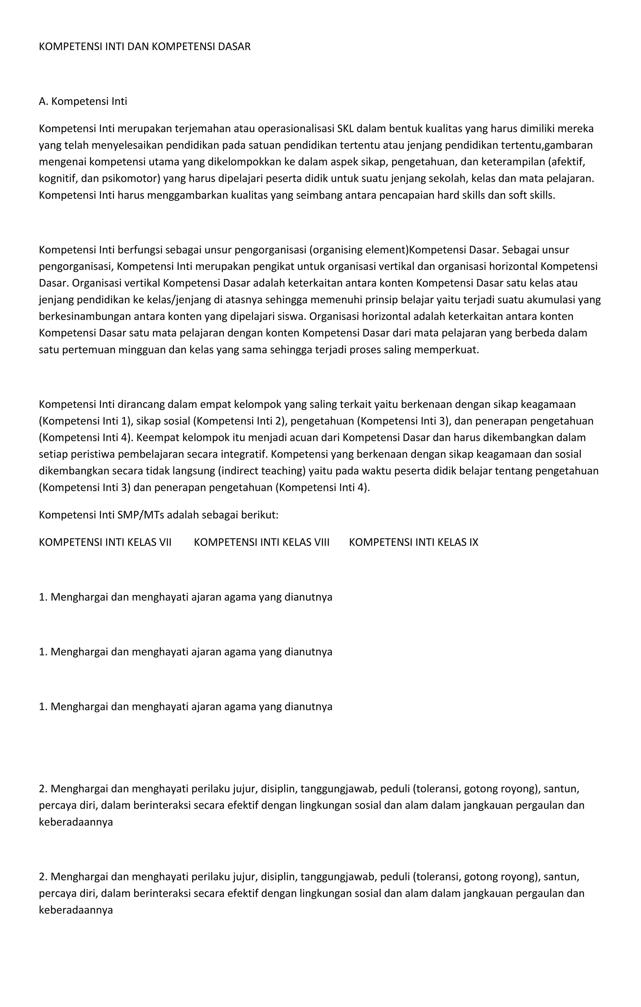 KOMPETENSI INTI DAN KOMPETENSI DASAR
A. Kompetensi Inti
Kompetensi Inti merupakan terjemahan atau operasionalisasi SKL dalam bentuk kualitas yang harus dimiliki mereka
yang telah menyelesaikan pendidikan pada satuan pendidikan tertentu atau jenjang pendidikan tertentu,gambaran
mengenai kompetensi utama yang dikelompokkan ke dalam aspek sikap, pengetahuan, dan keterampilan (afektif,
kognitif, dan psikomotor) yang harus dipelajari peserta didik untuk suatu jenjang sekolah, kelas dan mata pelajaran.
Kompetensi Inti harus menggambarkan kualitas yang seimbang antara pencapaian hard skills dan soft skills.
Kompetensi Inti berfungsi sebagai unsur pengorganisasi (organising element)Kompetensi Dasar. Sebagai unsur
pengorganisasi, Kompetensi Inti merupakan pengikat untuk organisasi vertikal dan organisasi horizontal Kompetensi
Dasar. Organisasi vertikal Kompetensi Dasar adalah keterkaitan antara konten Kompetensi Dasar satu kelas atau
jenjang pendidikan ke kelas/jenjang di atasnya sehingga memenuhi prinsip belajar yaitu terjadi suatu akumulasi yang
berkesinambungan antara konten yang dipelajari siswa. Organisasi horizontal adalah keterkaitan antara konten
Kompetensi Dasar satu mata pelajaran dengan konten Kompetensi Dasar dari mata pelajaran yang berbeda dalam
satu pertemuan mingguan dan kelas yang sama sehingga terjadi proses saling memperkuat.
Kompetensi Inti dirancang dalam empat kelompok yang saling terkait yaitu berkenaan dengan sikap keagamaan
(Kompetensi Inti 1), sikap sosial (Kompetensi Inti 2), pengetahuan (Kompetensi Inti 3), dan penerapan pengetahuan
(Kompetensi Inti 4). Keempat kelompok itu menjadi acuan dari Kompetensi Dasar dan harus dikembangkan dalam
setiap peristiwa pembelajaran secara integratif. Kompetensi yang berkenaan dengan sikap keagamaan dan sosial
dikembangkan secara tidak langsung (indirect teaching) yaitu pada waktu peserta didik belajar tentang pengetahuan
(Kompetensi Inti 3) dan penerapan pengetahuan (Kompetensi Inti 4).
Kompetensi Inti SMP/MTs adalah sebagai berikut:
KOMPETENSI INTI KELAS VII KOMPETENSI INTI KELAS VIII KOMPETENSI INTI KELAS IX
1. Menghargai dan menghayati ajaran agama yang dianutnya
1. Menghargai dan menghayati ajaran agama yang dianutnya
1. Menghargai dan menghayati ajaran agama yang dianutnya
2. Menghargai dan menghayati perilaku jujur, disiplin, tanggungjawab, peduli (toleransi, gotong royong), santun,
percaya diri, dalam berinteraksi secara efektif dengan lingkungan sosial dan alam dalam jangkauan pergaulan dan
keberadaannya
2. Menghargai dan menghayati perilaku jujur, disiplin, tanggungjawab, peduli (toleransi, gotong royong), santun,
percaya diri, dalam berinteraksi secara efektif dengan lingkungan sosial dan alam dalam jangkauan pergaulan dan
keberadaannya
 
