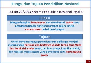 Fungsi dan Tujuan Pendidikan Nasional
UU No.20/2003 Sistem Pendidikan Nasional Pasal 3
                          Fungsi
 Mengembangkan kemampuan dan membentuk watak serta
    peradaban bangsa yang bermartabat dalam rangka
           mencerdaskan kehidupan bangsa.

                          Tujuan
  Untuk berkembangnya potensi peserta didik agar menjadi
manusia yang beriman dan bertakwa kepada Tuhan Yang Maha
 Esa, berakhlak mulia, sehat, berilmu, cakap, kreatif, mandiri,
dan menjadi warga negara yang demokratis serta bertanggung
                            jawab.

                                                                  28
 
