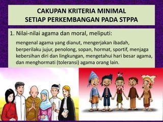 CAKUPAN KRITERIA MINIMAL
SETIAP PERKEMBANGAN PADA STPPA
1. Nilai-nilai agama dan moral, meliputi:
mengenal agama yang dianut, mengerjakan ibadah,
berperilaku jujur, penolong, sopan, hormat, sportif, menjaga
kebersihan diri dan lingkungan, mengetahui hari besar agama,
dan menghormati (toleransi) agama orang lain.
 