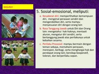 lanjutan
5. Sosial-emosional, meliputi:
a. Kesadaran diri: memperlihatkan kemampuan
diri, mengenal perasaan sendiri dan
mengendalikan diri, serta mampu
menyesuaian diri dengan orang lain
b. Rasa Tanggung Jawab untuk Diri dan Orang
lain: mengetahui hak-haknya, mentaati
aturan, mengatur diri sendiri, serta
bertanggung jawab atas perilakunya untuk
kebaikan sesama.
c. Perilaku Prososial: mampu bermain dengan
teman sebaya, memahami perasaan,
merespon, berbagi, serta menghargai hak dan
pendapat orang lain; bersikap kooperatif,
toleran, dan berperilaku sopan.
 
