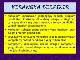 KERANGKA BERPIKIR
• Kurikulum merupakan jantungnya sebuah program
pendidikan. Kurikulum dipandang sebagai strategi dan
cara yang dirancang untuk mencapai tujuan pendidikan
yang ditetapkan secara nasional.
• Kurikulum sebagai suatu elemen yang memberi arah
dalam program pendidikan.
• Seyogyanya kurikulum mengarah kepada pembentukan
kompetensi output pendidikan yang diharapkan.
• Kompetensi diharapkan selaras dengan kompetensi
yang dituntut sesuai dengan era/ zaman dimana anak
menjalani kehidupannya.
 