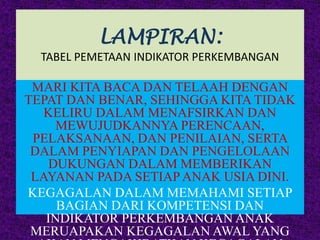 LAMPIRAN:
TABEL PEMETAAN INDIKATOR PERKEMBANGAN
MARI KITA BACA DAN TELAAH DENGAN
TEPAT DAN BENAR, SEHINGGA KITA TIDAK
KELIRU DALAM MENAFSIRKAN DAN
MEWUJUDKANNYA PERENCAAN,
PELAKSANAAN, DAN PENILAIAN, SERTA
DALAM PENYIAPAN DAN PENGELOLAAN
DUKUNGAN DALAM MEMBERIKAN
LAYANAN PADA SETIAP ANAK USIA DINI.
KEGAGALAN DALAM MEMAHAMI SETIAP
BAGIAN DARI KOMPETENSI DAN
INDIKATOR PERKEMBANGAN ANAK
MERUAPAKAN KEGAGALAN AWAL YANG
 
