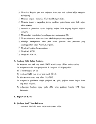 10) Memeriksa kegiatan guru atau kunjungan kelas pada saat kegiatan belajar mengajar 
berlangsung. 
11) Menanda tangani / memeriksa SKM dan SKH guru kelas. 
12) Menanda tangani / memeriksa laporan penilaian perkembangan anak didik setiap 
akhir semester. 
13) Memberikan pembinaan secara langsung maupun tidak langsung kepada pegawai 
dan guru. 
14) Mengusulkan peningkatan kesejahteraan guru dan pegawai TK. 
15) Mengadakan rapat setiap satu bulan sekali dengan guru dan pegawai. 
16) Berupaya meningkatkan mutu guru dalam pelatihan atau penataran yang 
diselenggarakan Dinas P dan K Kabupaten. 
17) Mengikuti kegiatan kemasyarakatan . 
18) Mengikuti IGTKI. 
19) Mengikuti PGKTM. 
3. Kegiatan Akhir Tahun Pelajaran 
1) Menyusun data anak yang masuk SD/MI sesuai dengan pilihan masing-masing. 
2) Melaporkan daftar anak yang masuk SD/MI pada SD/MI yang dituju. 
3) Menandatangani SKTB. 
4) Membagi SKTB pada siswa yang masuk SD/MI. 
5) Merencanakan acara tutup tahun 2014/2015. 
6) Mengadakan pertemuan dengan pengurus TK, guru, pegawai dalam rangka acara 
tutup tahun pelajaran. 
7) Melaporkan keadaan murid pada akhir tahun pelajaran kepada UPT Dinas 
Kecamatan. 
b. Tugas Guru Kelas 
1. Kegiatan Awal Tahun Pelajaran 
1) Menyusun data kelas sesuai nama anak menurut abjad. 
 