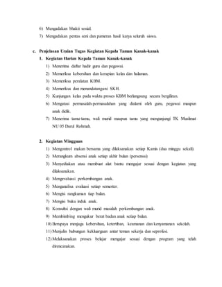 6) Mengadakan bhakti sosial. 
7) Mengadakan pentas seni dan pameran hasil karya seluruh siswa. 
c. Penjelasan Uraian Tugas Kegiatan Kepala Taman Kanak-kanak 
1. Kegiatan Harian Kepala Taman Kanak-kanak 
1) Menerima daftar hadir guru dan pegawai. 
2) Memeriksa kebersihan dan kerapian kelas dan halaman. 
3) Memeriksa peralatan KBM. 
4) Memeriksa dan menandatangani SKH. 
5) Kunjungan kelas pada waktu proses KBM berlangsung secara bergiliran. 
6) Mengatasi permasalah-permasalahan yang dialami oleh guru, pegawai maupun 
anak didik. 
7) Menerima tamu-tamu, wali murid maupun tamu yang mengunjungi TK Muslimat 
NU 05 Darul Rohmah. 
2. Kegiatan Mingguan 
1) Mengontrol makan bersama yang dilaksanakan setiap Kamis (dua minggu sekali). 
2) Merangkum absensi anak setiap akhir bulan (persenssi) 
3) Menyediakan atau membuat alat bantu mengajar sesuai dengan kegiatan yang 
dilaksanakan. 
4) Mengevaluasi perkembangan anak. 
5) Menganalisa evaluasi setiap semester. 
6) Mengisi rangkuman tiap bulan. 
7) Mengisi buku induk anak. 
8) Konsultsi dengan wali murid masalah perkembangan anak. 
9) Membimbing mengukur berat badan anak setiap bulan. 
10) Berupaya menjaga kebersihan, ketertiban, keamanan dan kenyamanan sekolah. 
11) Menjalin hubungan kekluargaan antar teman sekerja dan seprofesi. 
12) Melaksanakan proses belajar mengajar sesuai dengan program yang telah 
direncanakan. 
 