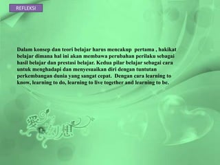 REFLEKSI




Dalam konsep dan teori belajar harus mencakup pertama , hakikat
belajar dimana hal ini akan membawa perubahan perilaku sebagai
hasil belajar dan prestasi belajar. Kedua pilar belajar sebagai cara
untuk menghadapi dan menyesuaikan diri dengan tuntutan
perkembangan dunia yang sangat cepat. Dengan cara learning to
know, learning to do, learning to live together and learning to be.
 