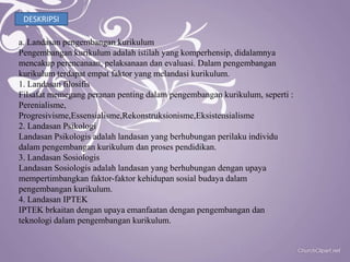 DESKRIPSI

a. Landasan pengembangan kurikulum
Pengembangan kurikulum adalah istilah yang komperhensip, didalamnya
mencakup perencanaan, pelaksanaan dan evaluasi. Dalam pengembangan
kurikulum terdapat empat faktor yang melandasi kurikulum.
1. Landasan filosifis
Filsafat memegang peranan penting dalam pengembangan kurikulum, seperti :
Perenialisme,
Progresivisme,Essensialisme,Rekonstruksionisme,Eksistensialisme
2. Landasan Psikologi
Landasan Psikologis adalah landasan yang berhubungan perilaku individu
dalam pengembangan kurikulum dan proses pendidikan.
3. Landasan Sosiologis
Landasan Sosiologis adalah landasan yang berhubungan dengan upaya
mempertimbangkan faktor-faktor kehidupan sosial budaya dalam
pengembangan kurikulum.
4. Landasan IPTEK
IPTEK brkaitan dengan upaya emanfaatan dengan pengembangan dan
teknologi dalam pengembangan kurikulum.
 