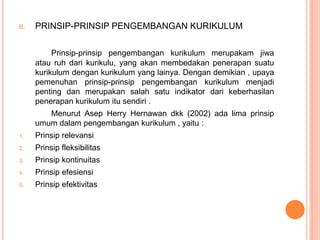 B.   PRINSIP-PRINSIP PENGEMBANGAN KURIKULUM

          Prinsip-prinsip pengembangan kurikulum merupakam jiwa
     atau ruh dari kurikulu, yang akan membedakan penerapan suatu
     kurikulum dengan kurikulum yang lainya. Dengan demikian , upaya
     pemenuhan prinsip-prinsip pengembangan kurikulum menjadi
     penting dan merupakan salah satu indikator dari keberhasilan
     penerapan kurikulum itu sendiri .
        Menurut Asep Herry Hernawan dkk (2002) ada lima prinsip
     umum dalam pengembangan kurikulum , yaitu :
1.   Prinsip relevansi
2.   Prinsip fleksibilitas
3.   Prinsip kontinuitas
4.   Prinsip efesiensi
5.   Prinsip efektivitas
 