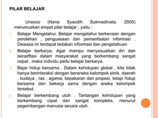 PILAR BELAJAR

          Unesco      (Nana     Syaodih     Sukmadinata,    2005)
     merumuskan empat pilar belajar , yaitu :
1.    Belajar Mengetahui. Belajar mengetahui berkenaan dengan
      perolehan , penguasaan dan pemanfaatan informasi .
      Dewasa ini terdapat ledakan informasi dan pengetahuan
2.    Belajar berkarya. Agar mampu menyesuaikan diri dan
      beradftasi dalam masyarakat yang berkembang sangat
      cepat , maka individu perlu belajar berkarya.
3.    Bejar hidup bersama . Dalam kehidupan global , kita tidak
      hanya berinteraksi dengan beraneka kelompok etnik, daerah
      , budaya , ras , agama, kepakaran dan propesi, tetapi hidup
      bersama dan bekerja sama dengan aneka kelompok
      tersebut.
4.    Belajar berkembang utuh . Tantangan kehidupan yang
      berkembang crpat dan sangat kompleks, menurut
      pegembangan manusia secara utuh.
 