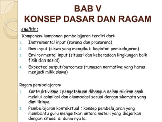 BAB V
     KONSEP DASAR DAN RAGAM
 Analisis :
     Komponen-komponen pembelajaran terdiri dari:
1.      Instrumental input (sarana dan prasarana)
2.      Raw input (siswa yang mengikuti kegiatan pembelajaran)
3.      Environmental input (situasi dan keberadaan lingkungan baik
        fisik dan sosial)
4.      Expected output/outcomes (rumusan normative yang harus
        menjadi milik siswa)


Ragam pembelajaran:
1.      Kontruktivisme : pengetahuan dibangun dalam pikiran anak
        melalui asimilasi dan akomodasi sesuai dengan skemata yang
        dimilikinya.
2.      Pembelajaran kontekstual : konsep pembelajaran yang
        membantu guru mengaitkan antara materi yang diajarkan
        dengan situasi di dunia nyata.
 
