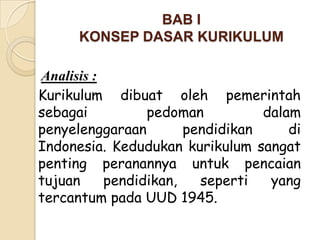 BAB I
      KONSEP DASAR KURIKULUM

Analisis :
Kurikulum dibuat oleh pemerintah
sebagai          pedoman          dalam
penyelenggaraan        pendidikan     di
Indonesia. Kedudukan kurikulum sangat
penting peranannya untuk pencaian
tujuan     pendidikan,   seperti   yang
tercantum pada UUD 1945.
 