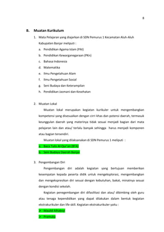 8

B.

Muatan Kurikulum
1. Mata Pelajaran yang diajarkan di SDN Pemurus 1 Kecamatan Aluh-Aluh
Kabupaten Banjar meliputi :
a. Pendidikan Agama Islam (PAI)
b. Pendidikan Kewarganegaraan (PKn)
c. Bahasa Indonesia
d. Matematika
e. Ilmu Pengetahuan Alam
f. Ilmu Pengetahuan Sosial
g. Seni Budaya dan Keterampilan
h. Pendidikan Jasmani dan Kesehatan

2. Muatan Lokal
Muatan lokal merupakan kegiatan kurikuler untuk mengembangkan
kompetensi yang disesuaikan dengan cirri khas dan potensi daerah, termasuk
keunggulan daerah yang materinya tidak sesuai menjadi bagian dari mata
pelajaran lain dan atau/ terlalu banyak sehingga harus menjadi komponen
atau bagian tersendiri.
Muatan lokal yang dilaksanakan di SDN Pemurus 1 meliputi :
a. Baca Tulis Al-Qur’an (BTA)
b. Seni Budaya Daerah Banjar
3. Pengembangan Diri
Pengembangan diri adalah kegiatan yang bertujuan memberikan
kesempatan kepada peserta didik untuk mengeksplorasi, mengembangkan
dan mengekspresikan diri sesuai dengan kebutuhan, bakat, minatnya sesuai
dengan kondisi sekolah.
Kegiatan penegembangan diri difasilitasi dan atau/ dibimbing oleh guru
atau tenaga kependidikan yang dapat dilakukan dalam bentuk kegiatan
ekstrakurikuler dan life skill. Kegiatan ekstrakurikuler yaitu :
 Maulid Alhabsyi
 Pramuka

 
