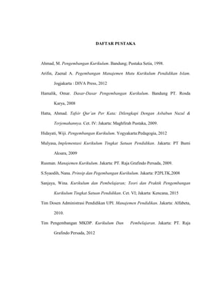 DAFTAR PUSTAKA
Ahmad, M. Pengembangan Kurikulum. Bandung; Pustaka Setia, 1998.
Arifin, Zaenal A. Pegembangan Manajemen Mutu Kurikulum Pendidikan Islam.
Jogjakarta : DIVA Press, 2012
Hamalik, Omar. Dasar-Dasar Pengembangan Kurikulum. Bandung PT. Rosda
Karya, 2008
Hatta, Ahmad. Tafsir Qur’an Per Kata: Dilengkapi Dengan Asbabun Nuzul &
Terjemahannya. Cet. IV: Jakarta: Maghfirah Pustaka, 2009.
Hidayati, Wiji. Pengembangan Kurikulum. Yogyakarta:Pedagogia, 2012
Mulyasa, Implementasi Kurikulum Tingkat Satuan Pendidikan. Jakarta: PT Bumi
Aksara, 2009
Rusman. Manajemen Kurikulum. Jakarta: PT. Raja Grafindo Persada, 2009.
S.Syaodih, Nana. Prinsip dan Pegembangan Kurikulum. Jakarta: P2PLTK,2008
Sanjaya, Wina. Kurikulum dan Pembelajaran; Teori dan Praktik Pengembangan
Kurikulum Tingkat Satuan Pendidikan. Cet. VI; Jakarta: Kencana, 2015
Tim Dosen Administrasi Pendidikan UPI. Manajemen Pendidikan. Jakarta: Alfabeta,
2010.
Tim Pengembangan MKDP. Kurikulum Dan Pembelajaran. Jakarta: PT. Raja
Grafindo Persada, 2012
 