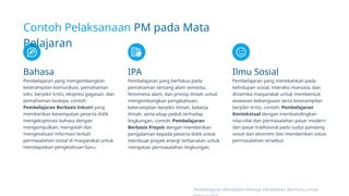 Contoh Pelaksanaan PM pada Mata
Pelajaran
Bahasa
Pembelajaran yang mengembangkan
keterampilan komunikasi, pemahaman
teks, berpikir kritis, ekspresi gagasan, dan
pemahaman budaya, contoh:
Pembelajaran Berbasis Inkuiri yang
memberikan kesempatan peserta didik
mengeksplorasi bahasa dengan
mengumpulkan, mengolah dan
mengevaluasi informasi terkait
permasalahan sosial di masyarakat untuk
mendapatkan pengetahuan baru.
IPA
Pembelajaran yang berfokus pada
pemahaman tentang alam semesta,
fenomena alam, dan prinsip ilmiah untuk
mengembangkan pengetahuan,
keterampilan berpikir ilmiah, bekerja
ilmiah, serta sikap peduli terhadap
lingkungan, contoh: Pembelajaran
Berbasis Proyek dengan memberikan
pengalaman kepada peserta didik untuk
membuat proyek energi terbarukan untuk
mengatasi permasalahan lingkungan.
Ilmu Sosial
Pembelajaran yang menekankan pada
kehidupan sosial, interaksi manusia, dan
dinamika masyarakat untuk membentuk
wawasan kebangsaan serta keterampilan
berpikir kritis, contoh: Pembelajaran
Kontekstual dengan membandingkan
nilai-nilai dan permasalahan pasar modern
dan pasar tradisional pada sudut pandang
sosial dan ekonomi dan memberikan solusi
permasalahan tersebut.
Pembelajaran Mendalam Menuju Pendidikan Bermutu untuk
 